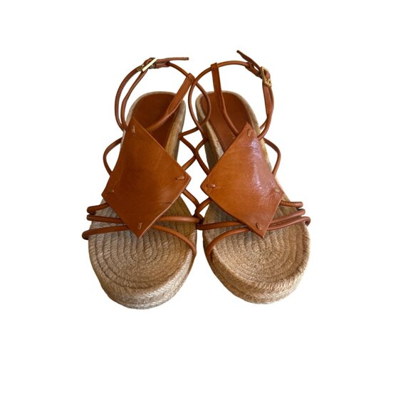 Tory Burch Leather Espadrille Wedge Sandals Brown Size 7.5 Boho Coastal - Picture 1 of 7
